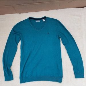 Youth Okaidi Cashmere V-neck Sweater Elbow Patches L 12 A/Y 150cm Wool Cotton